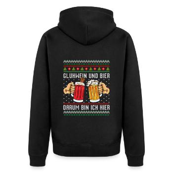 Glühwein und Bier Darum bin Ich Hier Weihnachten - Unisex Premium Bio Zip Hoodie - Schwarz - Hinten - Nico (187cm)