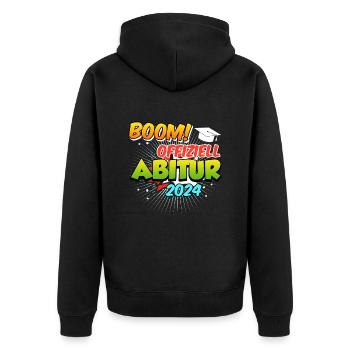 Abitur 2024 Offiziell BOOM! Abiturienten Abschluss - Unisex Premium Bio Zip Hoodie - Schwarz - Hinten - Nico (187cm)