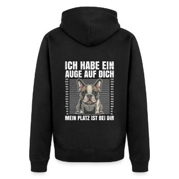 Französische Bulldogge Habe ein Auge auf Dich - Unisex Premium Bio Zip Hoodie - Schwarz - Hinten - Nico (187cm)
