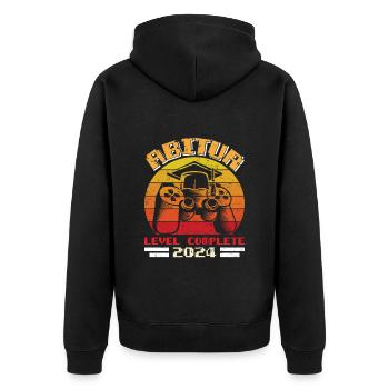 Abitur 2024 LEVEL COMPLETE Abiturienten Abschluss - Unisex Premium Bio Zip Hoodie - Schwarz - Hinten - Nico (187cm)