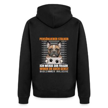 Frenchie PERSÖNLICHER STALKER Lustige - Unisex Premium Bio Zip Hoodie - Schwarz - Hinten - Nico (187cm)