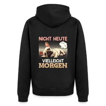 Französische Bulldogge VIELLEICHT MORGEN Sture - Unisex Premium Bio Zip Hoodie - Schwarz - Hinten - Nico (187cm)