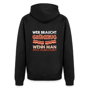 Fleischliebhaber WER BRAUCHT GRÜNZEUG SPECK - Unisex Premium Bio Zip Hoodie - Schwarz - Hinten - Nico (187cm)