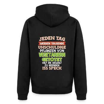 Anti Vegan TAUSENDE UNSCHULDIGE PFLANZEN GETÖTET - Unisex Premium Bio Zip Hoodie - Schwarz - Hinten - Nico (187cm)