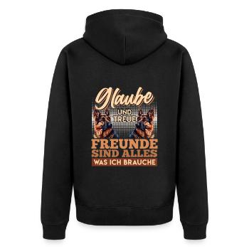 GLAUBE UND TREUE FREUNDE SIND ALLES Deutsche - Unisex Premium Bio Zip Hoodie - Schwarz - Hinten - Nico (187cm)