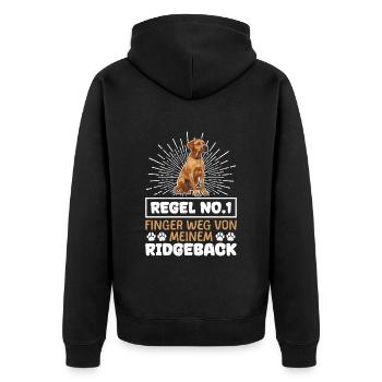 Ridgeback REGEL NO. 1 FINGER WEG VON MEINEM - Unisex Premium Bio Zip Hoodie - Schwarz - Hinten - Nico (187cm)