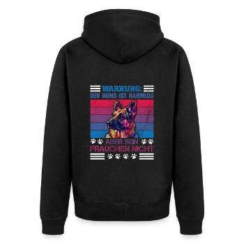 Deutscher Schäferhund WARNUNG DER HUND IST HARMLOS - Unisex Premium Bio Zip Hoodie - Schwarz - Hinten - Nico (187cm)