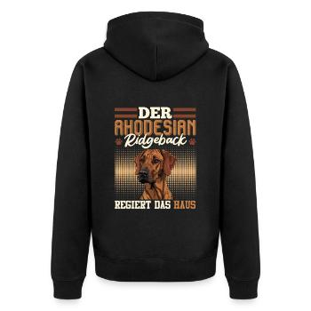 Ridgeback DER RHODESIAN RIDGEBACK REGIERT DAS HAUS - Unisex Premium Bio Zip Hoodie - Schwarz - Hinten - Nico (187cm)