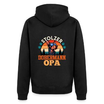 Doberman Besitzer STOLZER DOBERMANN OPA Cool - Unisex Premium Bio Zip Hoodie - Schwarz - Hinten - Nico (187cm)
