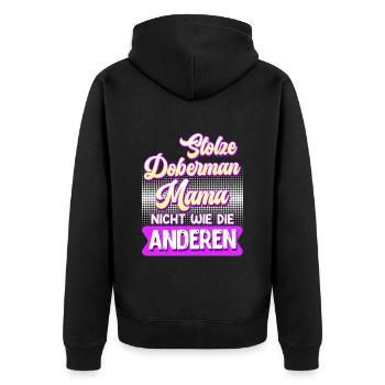 Doberman STOLZE DOBERMANN MAMA Hundebesitzer - Unisex Premium Bio Zip Hoodie - Schwarz - Hinten - Nico (187cm)