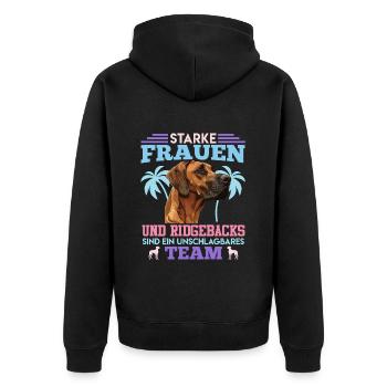 Ridgeback Hund STARKE FRAUEN UND RIDGEBACKS TEAM - Unisex Premium Bio Zip Hoodie - Schwarz - Hinten - Nico (187cm)