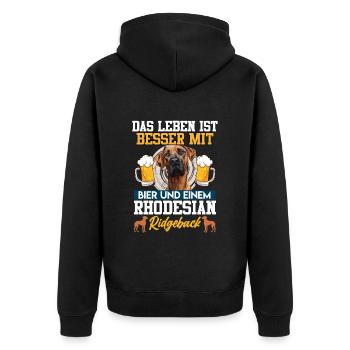 Rhodesian Ridgeback DAS LEBEN IST BESSER MIT BIER - Unisex Premium Bio Zip Hoodie - Schwarz - Hinten - Nico (187cm)