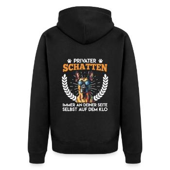Malinois PRIVATER SCHATTEN SELBST AUF DEM KLO - Unisex Premium Bio Zip Hoodie - Schwarz - Hinten - Nico (187cm)