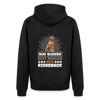 Ridgeback Besitzer NUR GUCKEN NICHT ANFASSEN - Unisex Premium Bio Zip Hoodie - Schwarz - Hinten - Nico (187cm)