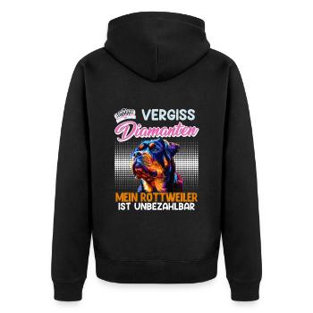 Rottweiler Frau VERGISS DIAMANTEN MEIN ROTTWEILER - Unisex Premium Bio Zip Hoodie - Schwarz - Hinten - Nico (187cm)