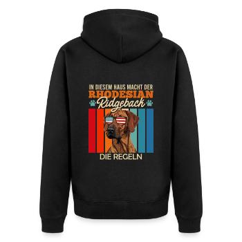 Ridgeback Besitzer HIER MACHT DER RIDGEBACK REGELN - Unisex Premium Bio Zip Hoodie - Schwarz - Hinten - Nico (187cm)