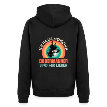 Doberman Besitzer ICH HASSE MENSCHEN DOBERMÄNNER - Unisex Premium Bio Zip Hoodie - Schwarz - Hinten - Nico (187cm)