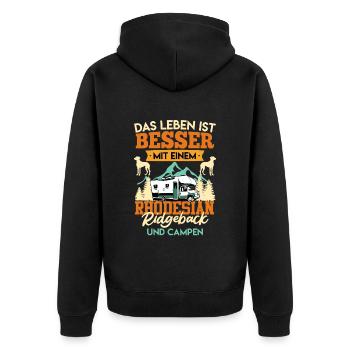 Camper LEBEN IST BESSER MIT EINEM RHODESIAN - Unisex Premium Bio Zip Hoodie - Schwarz - Hinten - Nico (187cm)