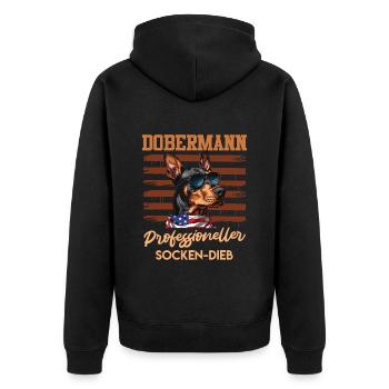 Doberman PROFESSIONELLER SOCKEN-DIEB Lustiges - Unisex Premium Bio Zip Hoodie - Schwarz - Hinten - Nico (187cm)