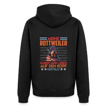 Rottie Besitzer MEINE ROTTWEILER HABEN MEIN LEBEN - Unisex Premium Bio Zip Hoodie - Schwarz - Hinten - Nico (187cm)