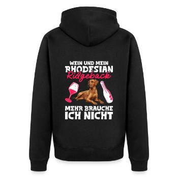 Ridgeback Besitzer WEIN UND MEIN RHODESIAN - Unisex Premium Bio Zip Hoodie - Schwarz - Hinten - Nico (187cm)