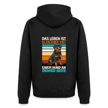 Rottie DAS LEBEN IST SCHÖNER MIT EINEM HUND - Unisex Premium Bio Zip Hoodie - Schwarz - Hinten - Nico (187cm)