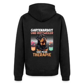 GARTENARBEIT UND ROTTWEILER SIND THERAPIE Rottie - Unisex Premium Bio Zip Hoodie - Schwarz - Hinten - Nico (187cm)