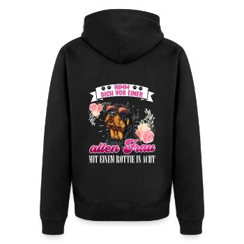 Rottie NIMM DICH VOR ALTER FRAU MIT ROTTIE IN ACHT - Unisex Premium Bio Zip Hoodie - Schwarz - Hinten - Nico (187cm)