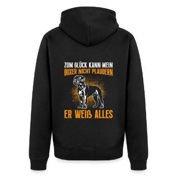 Boxer ZUM GLÜCK KANN MEIN BOXER NICHT PLAUDERN - Unisex Premium Bio Zip Hoodie - Schwarz - Hinten - Nico (187cm)