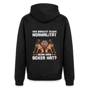 Deutscher Boxer WER BRAUCHT NORMALITÄT BOXER - Unisex Premium Bio Zip Hoodie - Schwarz - Hinten - Nico (187cm)