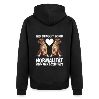 Boxer Hund WER BRAUCHT NORMALTIÄT MIT BOXER Lustig - Unisex Premium Bio Zip Hoodie - Schwarz - Hinten - Nico (187cm)