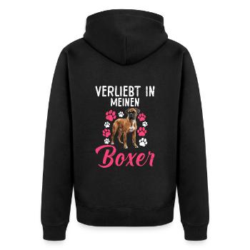 Deutsche Boxer VERLIEBT IN MEINEN BOXER Besitzerin - Unisex Premium Bio Zip Hoodie - Schwarz - Hinten - Nico (187cm)