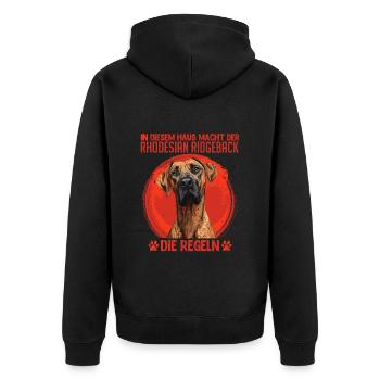 Ridgeback Besitzer HIER MACHT DER RIDGEBACK REGELN - Unisex Premium Bio Zip Hoodie - Schwarz - Hinten - Nico (187cm)