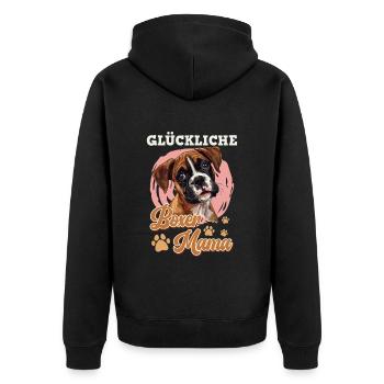 Deutscher Boxer GLÜCKLICHE BOXER MAMA Hundemama - Unisex Premium Bio Zip Hoodie - Schwarz - Hinten - Nico (187cm)