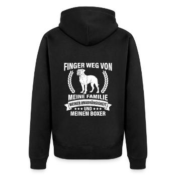 Deutscher Boxer FINGER WEG VON FAMILIE FREIHEIT - Unisex Premium Bio Zip Hoodie - Schwarz - Hinten - Nico (187cm)