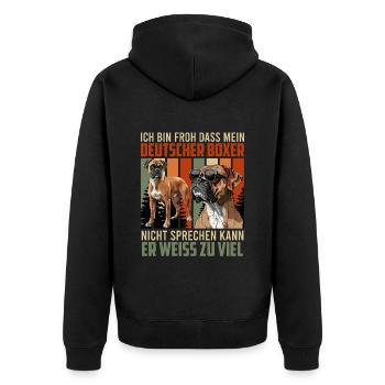 Boxer GLÜCKLICH MEIN BOXER KANN NICHT SPRECHEN - Unisex Premium Bio Zip Hoodie - Schwarz - Hinten - Nico (187cm)