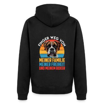 Deutscher Boxer FINGER WEG VON FAMILIE FREIHEIT - Unisex Premium Bio Zip Hoodie - Schwarz - Hinten - Nico (187cm)