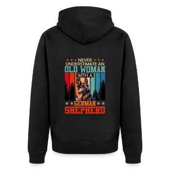 German Shepherd NEVER UNDERESTIMATE AN OLD WOMAN - Unisex Premium Organic Zip Hoodie - black - Back - Nico (187cm)