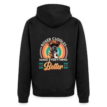 Deutscher Boxer KUSCHELN MIT EINEM BOXER BESSER - Unisex Premium Bio Zip Hoodie - Schwarz - Hinten - Nico (187cm)
