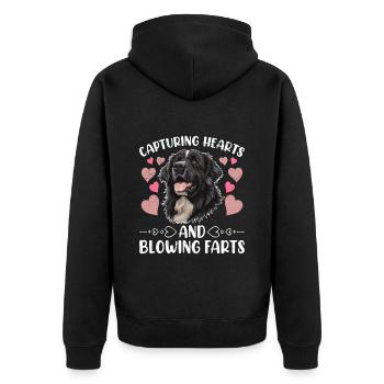 Neufundländer HERZEN GEWINNEN FÜRZE SCHMETTERN - Unisex Premium Bio Zip Hoodie - Schwarz - Hinten - Nico (187cm)
