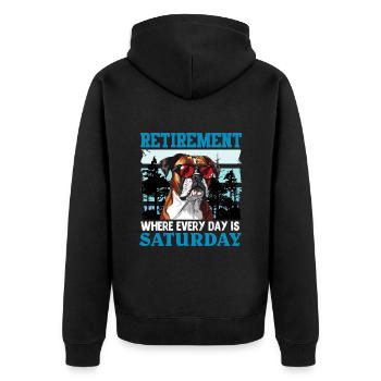 Boxer Hund RETIREMENT WHEN EVERY DAY IS SATURDAY - Unisex Premium Bio Zip Hoodie - Schwarz - Hinten - Nico (187cm)