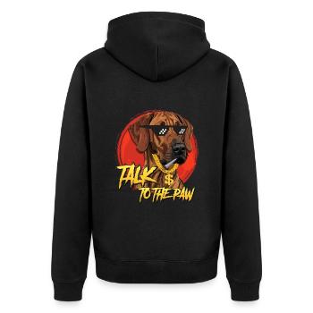 Rhodesian Ridgeback Stur TALK TO THE PAW Lustiges - Unisex Premium Bio Zip Hoodie - Schwarz - Hinten - Nico (187cm)