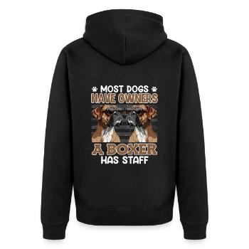 Deutscher Boxer DIE MEISTEN HUNDE HABEN BESITZER - Unisex Premium Bio Zip Hoodie - Schwarz - Hinten - Nico (187cm)