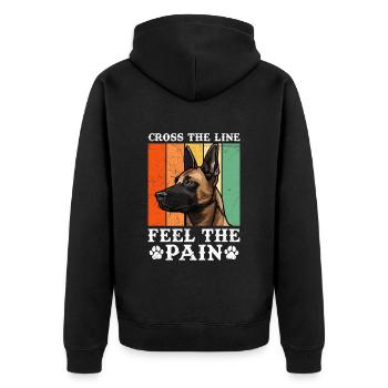 Malinois CROSS THE LINE FEEL THE PAIN Belgischer - Unisex Premium Bio Zip Hoodie - Schwarz - Hinten - Nico (187cm)