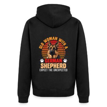 Dog mom OLD WOMAN WITH A GERMAN SHEPHERD - Unisex Premium Organic Zip Hoodie - black - Back - Nico (187cm)