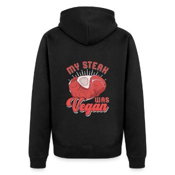 Meat lover MY STEAK WAS VEGAN Funny - Unisex Premium Organic Zip Hoodie - black - Back - Nico (187cm)