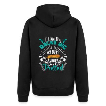 Amateur de viande J’AIME MES CARRÉS GROS PORC EFFILOCHÉ - Veste à capuche bio Premium Unisexe - noir - Dos - Nico (187cm)