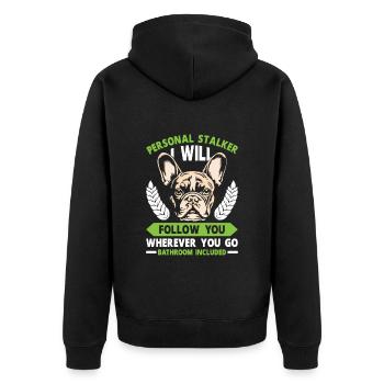 Bouledogue Français Drôle PERSONAL STALKER - Veste à capuche bio Premium Unisexe - noir - Dos - Nico (187cm)