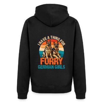 Deutscher Schäferhund I HAVE A THING FOR HAIRY - Unisex Premium Bio Zip Hoodie - Schwarz - Hinten - Nico (187cm)