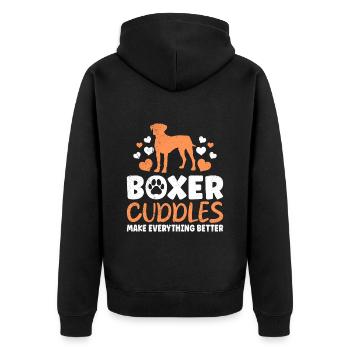 Le propriétaire du chien fait des câlins avec un boxeur Sweet - Veste à capuche bio Premium Unisexe - noir - Dos - Nico (187cm)